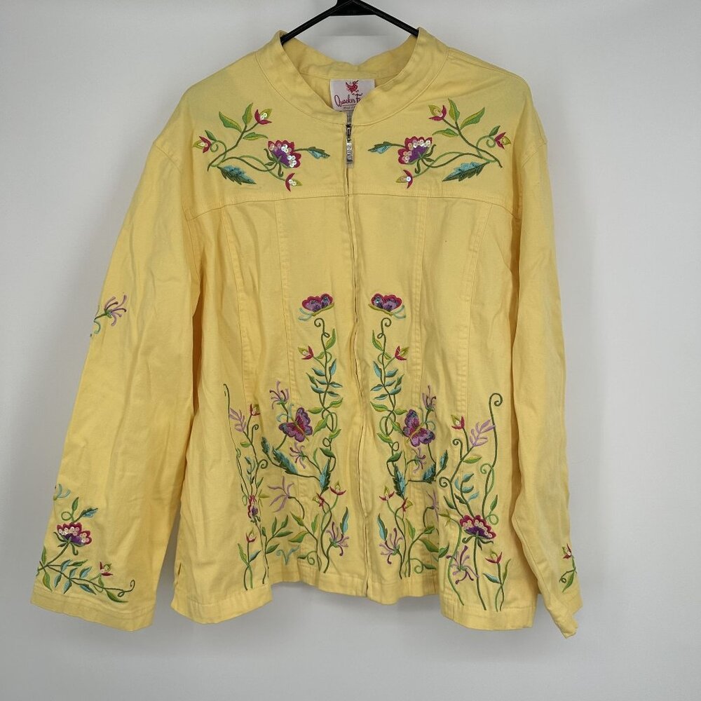 Quacker Factory Yellow Zip‎ Up Jacket Embroidered Butterfly Garden Size 3X